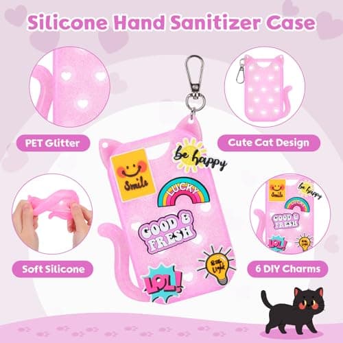 FunisFun Glitter Silicone Holder Case Compatible with Hand Sanitizer Spray 1 Fl. OZ., Adorable Cat-Shaped Keychain with 6 Charms (Pink) - Thumbnail 3