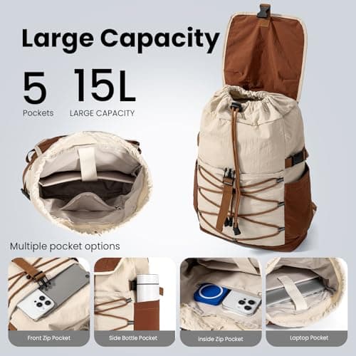 Kabibin Travel Backpack for Women Men, 15L Lightweight Laptop Daypack with Multiple Pockets for Tourist, Daily College Bookbag for School, Casual Packable Bagpack for Hiking (Khaki) - Thumbnail 6