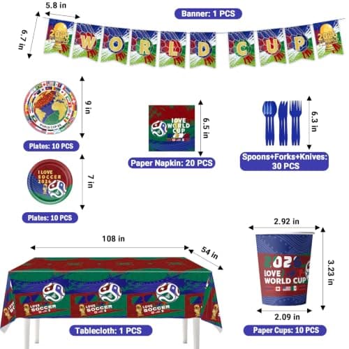 Party Decorations for World Cup 2026, 82 PCS Soccer Theme Party Supplies with Thickened Plates, Napkins Set Tablecloth and Banner for Sports Birthday Party, Soccer Decor - Thumbnail 2