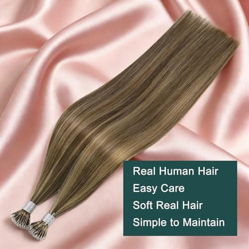 Easyouth Nano Hair Extensions Human Hair Highlight 18 Inch 50G, Nano Beads Extensions Human Hair Medium Brown Highlight Caramel Blonde, Nano Ring Beads Hair Extension Add Volume for Women, 50S - Thumbnail 3