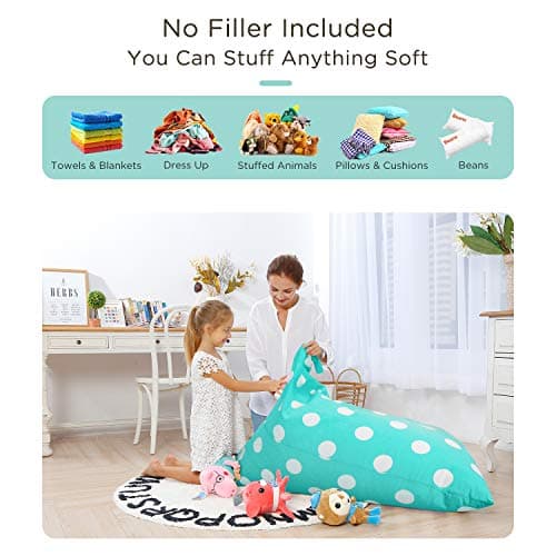 Aubliss Stuffed Animal Storage Bean Bag Chair Cover, 50"x 35" Extra Large Bean Bags for Kids & Adults, Beanbag Toy Storage for Boys Girls - Premium Cotton Canvas Aqua Dot - Thumbnail 2