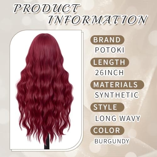 Potoki Long Wavy Burgundy Wig With Bangs Heat Resistant Synthetic Wigs For Women 26 Inch Free Soft Body Wave Red Wig With Natural Appearance Suitable For Beginners Festival Holiday Use - Thumbnail 2