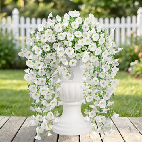 6 Pcs Artificial Hanging Morning Glory Flowers for Outdoors, Realistic Silk Faux Flowers with Eucalyptus Leaves, UV Resistant Fake Plants, Spring Decor for Garden Patio Balcony Yard Porch Home （White）