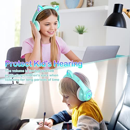 LOBKIN Bluetooth 5.4 Kids Headphones with Case - RGB LED Light Up Cat Ears Foldable Adjustable Over Ear Headphone Support Wireless or 3.5mm Wired Mode for Toddler & Girls & Boys Teens - Thumbnail 5