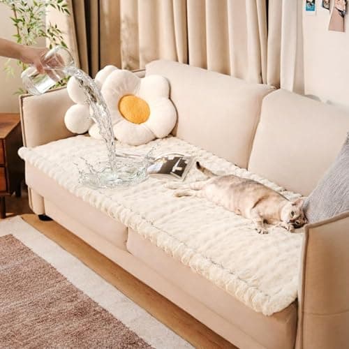 FUNNY FUZZY Pet Couch Cover for Sofa, Waterproof Couch Cover for Dogs Washable, Pet Friendly Fuzzy Sofa Covers Thick Soft Dog Bed Mat Non Slip for Couches and Sofas, Cream White, 27.6"×59.1" - Image 1