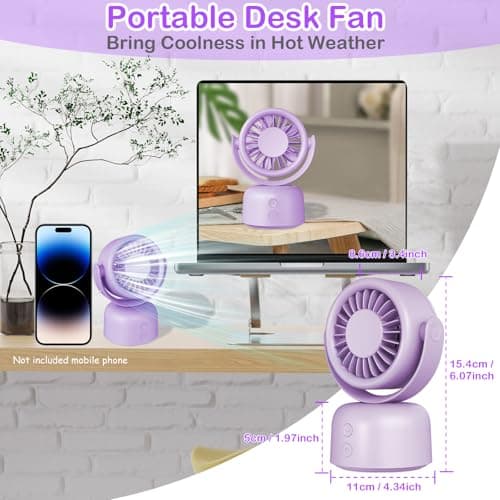 Small Quiet Desktop Fan, 3 Speeds Oscillating Fan with Auto 90° Rotate & Manual 120° Tilt Head, 0.72 Lb USB-C Corded Powered Mini Desk Fan for Outdoor Indoor Office Bedroom Travel (purple) - Thumbnail 2