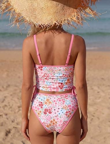 Jillumi Two Piece Tankini Swimsuits for Women Tummy Control Bathing Suit Color Block V Neck Swim Suits with High Waisted Bottom (Pink Floral, XX-Large) - Thumbnail 2