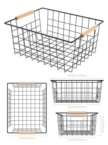 Wire Basket with Wooden Handle, Metal Utility Storage Basket for Organizing Kitchen Pantry Cabinets, Closet and Garage Shelves Drawers, Office Metal Basket Storage Organizer with Handle (Black 4 Pack) - Thumbnail 6