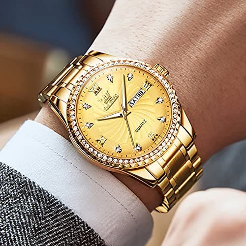 Fashion Gold Watches for Men Diamond Luxury Men's Wrist Watch with Day Date Waterproof Golden Stainless Steel Big Face Luminous Classic Dress Male Watches Casual Analog Quartz Watch for Young Man - Thumbnail 3