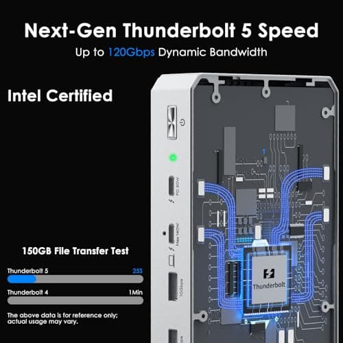 WAVLINK Intel Certified Thunderbolt 5 Docking Station: TB5 Dock with 120Gbps Max Transfer, Thunderbolt 5 hub with 140W Max Charging, 4X USB-A 3.2 Gen 2, Cooling System, 8K Display for TBT 5/4 Laptops - Thumbnail 3