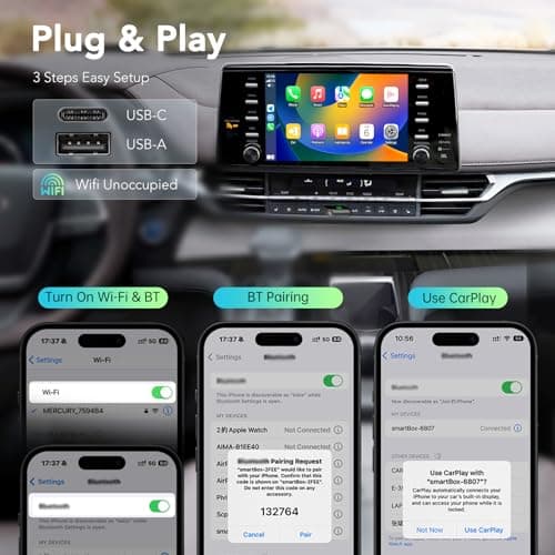 PERPOTAO Wireless CarPlay Adapter 2026, 2-in-1 Convert Factory Wired CarPlay & Android Auto to Wireless, Plug and Play, Auto Reconnect, Compatible with iPhone & Android Phones, USB/USB-C, Dark Grey - Thumbnail 5