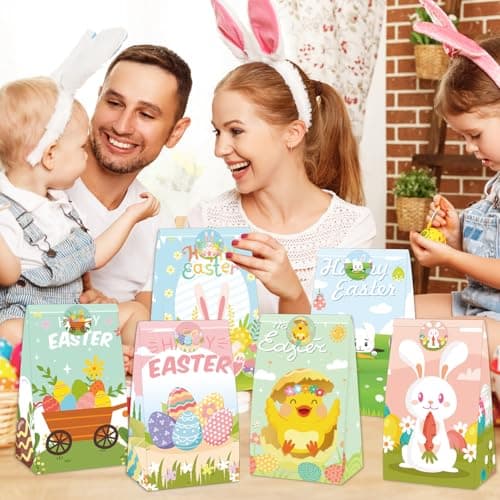 MKLTUHGDG Easter Treat Bag, 24 PCS Easter Gift Bags with Stickers, Party Favor Bags Bulk Egg Chick Bunny Carrot, Goodie Bag Party Supplies for Classrooms, Party Favors - Thumbnail 6