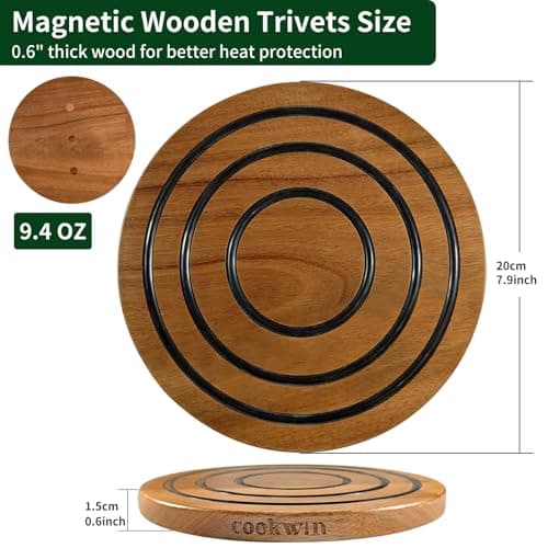 8 Inch Magnetic Wooden Trivets, Acacia Wood Pot Holder with 3 Heat-Resistant Silicone Rings, Kitchen Round Magnetic Trivet for Cast Iron Pots, Pans and Hot Dishes - Thumbnail 2