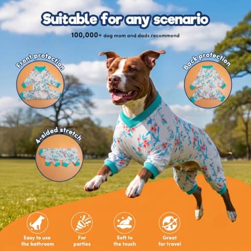 LovinPet Large Big Bodysuit for Dogs - Post Surgery Protection Dog Pjs,4 Legged Coverage Dog Onesie,Stretchable Lightweight, Bubbles and Floral White&Teal Print,Undershirt for Dog Sweaters,Blue Large - Thumbnail 2