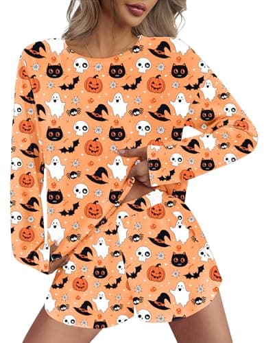 JUSTFASHIONNOW Halloween Pajamas for Women Printed 2 Piece Lounge Set Casual Long Sleeve Loungewear Matching Sleepwear Long Sleeve Top and Shorts Fall Winter Outfits (Orange, X-Large) - Thumbnail 2