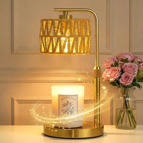 Candle Warmer Lamp with Timer, Dimmable Candle Warmer for Jar Candles, Height Adjustable Candle Lamp Warmer, Boho Rattan Lampshade and 2 Bulbs, Gift for Home Room Decor, Gifts for Women Mom (Gold) - Image 1