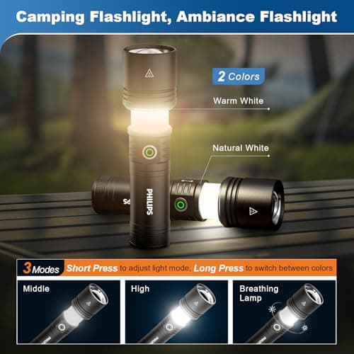 Philips Rechargeable Flashlights High Lumens with Ignition Lens,5000lm Tactical Flashlights with Camping Lamp,2 Colors Zoomable 5Modes Reverse Charging LED Bright Flashlight for Home Outdoor Gift - Thumbnail 5