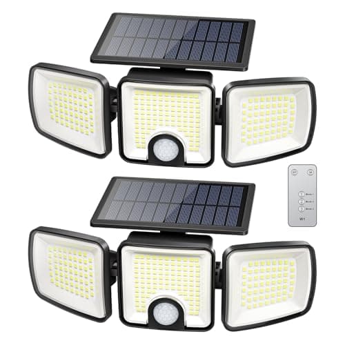 Brightown 2 Pack Solar-Security-Flood-Outdoor-Lights-with-Motion-Sensor, 223 LED 3 Head 270° Angle Street Area Security Lights with Remote, IP65 Waterproof Wall Lights with 3 Modes for Yard Outside