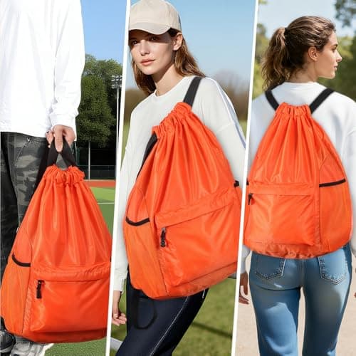Dntorx Drawstring Backpack, Gym Bag with Water Bottle Pocket, Waterproof String Backpack for Soccer, Basketball, Swim for Women Men (Orange) - Thumbnail 6
