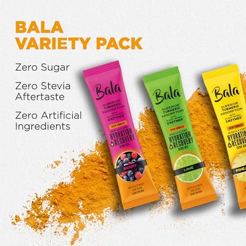 Bala Total Body Wellness Drink Mix, Hydrate & Recover Variety Pack, Pineapple, Lime & Berry, 10 Per Flavor, Zero Sugar Electrolytes Powder Packets with Enzymes & Amino Acids, Turmeric Drink, 30 Sticks - Thumbnail 6