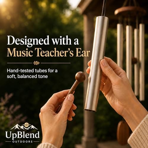 UpBlend Wind Chimes for Outside Gift – Deep Tone Wind Chime with Decorative Stone – Porch & Patio Decor, Elegant Outdoor Ornament, Garden Gifts. 28” Silver. - Thumbnail 2