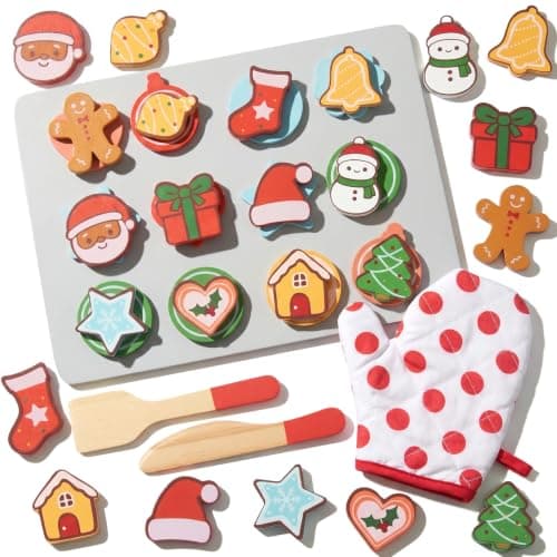 Slice and Bake Wooden Cookie Play Food Set for Kids, Kitchen Toys Food Accessories for Toddlers, Pretend Play Baking Set for 3 4 5 Years Old Girls Boys Birthday Gifts (Christmas Cookies)