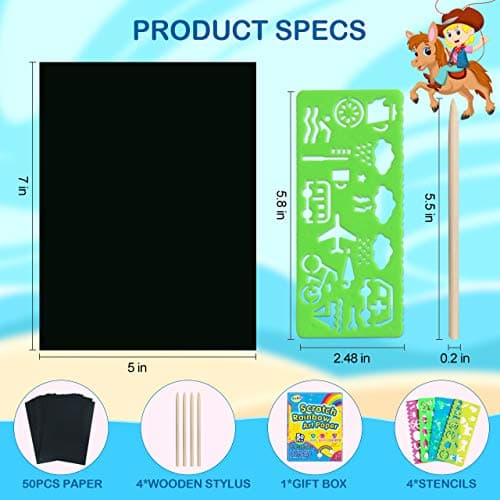 RMJOY Rainbow Scratch Paper Art for Kids: 50PCS Magic Arts Crafts Gifts Toys for Girls Boys Ages 4 5 6 7 8 9 Games Activities for Birthday Family Fathers Day Valentines Day Stuffers Easter(Boys) - Thumbnail 6