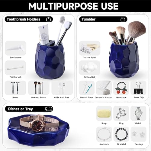 Ceramic Bathroom Accessories Set 4 PCS,Bathroom Toothbrush Holder Set,Soap and Toothbrush Holder Set,Include Toothbrush Holder,Soap Dispenser,Tumbler,Soap Dish,Bathroom Sets Decor Organizer(Navy Blue) - Thumbnail 6
