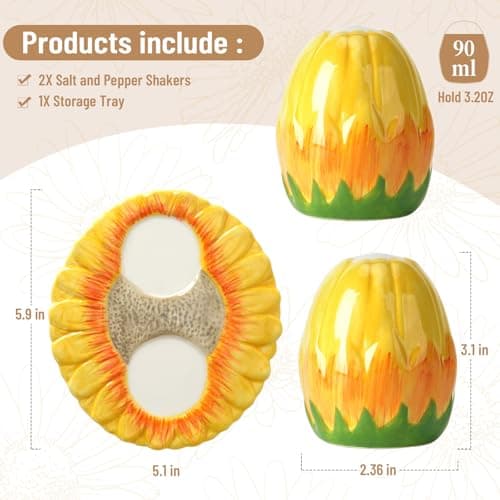 Hand-Painted Sunflower Ceramic Salt and Pepper Shaker Set - Farmhouse Kitchen Decor,Includes Storage Tray, Perfect Housewarming & Hostess,Birthday Gift - Thumbnail 3