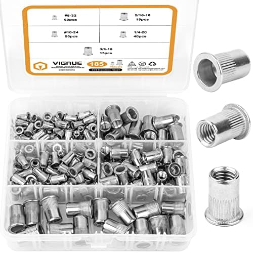 SAE Rivet Nuts Assortment, VIGRUE 185pcs #8-32#10-24 1/4"-20 5/16"-18 3/8"-16 304 Stainless Steel Nutserts Rivnuts Kit, Flat Head Threaded Insert Nut Assort - Image 1