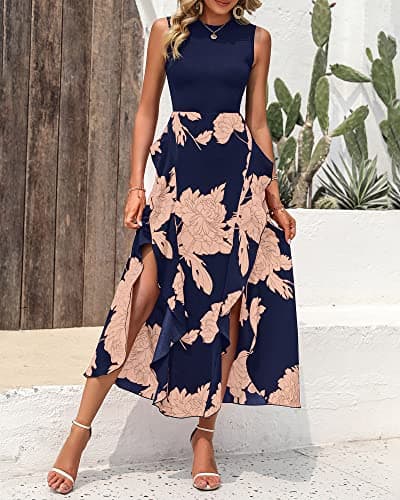 BTFBM Summer Dresses for Women 2026 Casual Spring Floral Sleeveless Ruffle Boho Cocktail Wedding Guest Party Midi Dress(Pink Floral Navy, Small) - Thumbnail 3
