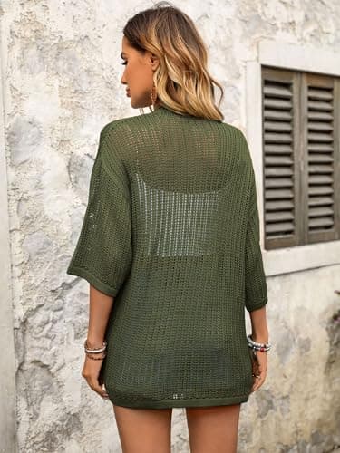BB&KK Summer Cardigans for Women 3/4 Sleeve Open Front Knit Lightweight Crochet Cardigans with Pockets Army Green XL - Thumbnail 6