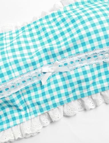 ZAFUL Womens High Waisted Bikini Sets 2 Piece Plaid Ruffle Swimsuits Back Strap Top with High Waisted Shorts Bathing Suit Mint Blue M - Thumbnail 4