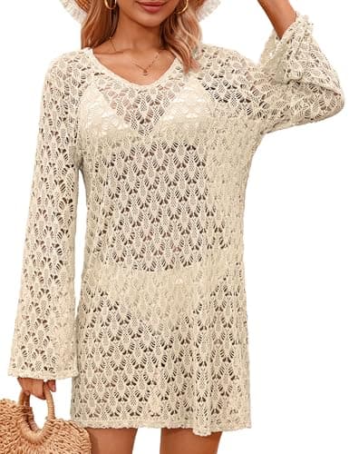 Totatuit Swimsuit Coverup for Women Crochet Bikini Bathing Suits Swimwear 2026 Summer Vacation V Neck Beach Cover Up Dress Khaki S - Image 1