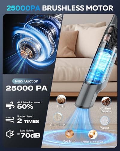 Zefiro Compact Powerful Cordless Handheld Vacuum, Rechargeable Portable Car Vacuum for Car & Pet Hair, 25000PA High Power Suction, XL Dust Cup, 2 Brushes & Filters, Long Runtime with Charger - Thumbnail 2