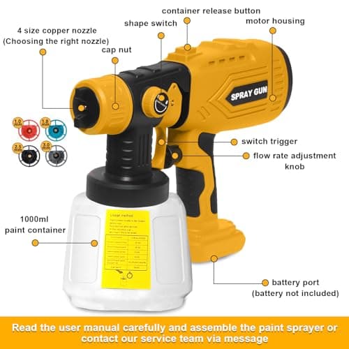 Cordless Paint Sprayer for Dewalt 20V Battery (Battery Not Included) - Electric Spray Paint Gun with 4 Copper Nozzles & 3 Spray Patterns, Ideal for DIY Projects, House Painting, Furniture, Fence - Thumbnail 5