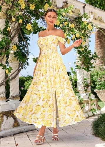 GRACE KARIN Summer Floral Dress for Women 2026,Off the Shoulder Smocked Bridesmaid Dresses,Formal Baby Shower Maxi Dresses Apricot Yellow XL - Thumbnail 2