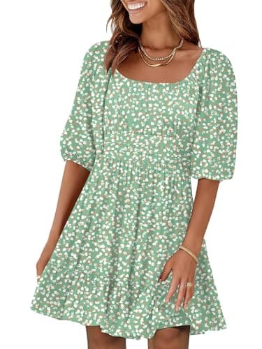 ANRABESS Womens Lantern Short Sleeve Square Neck Casual Flowy Mini Dresses 2026 Holiday Summer Spring Beach Vacation Clothes White Brown Dot XX-Large - Image 1