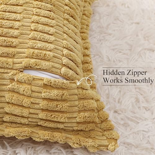 decorUhome Decorative Mustard Yellow Throw Pillow Covers 26x26 Set of 2 with Splicing, Boho Soft Corduroy Broadside Twill Spring Pillow Covers for Couch Bed Sofa Living Room - Thumbnail 3