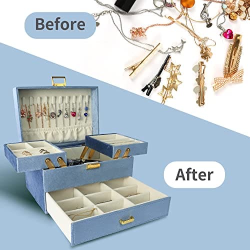 Dajasan Velvet Jewelry Boxes for Women Girls, Jewelry Organizer Box, Jewelry Storage Organizer for Rings Necklaces Bracelets Watch Earring (Blue) - Thumbnail 5