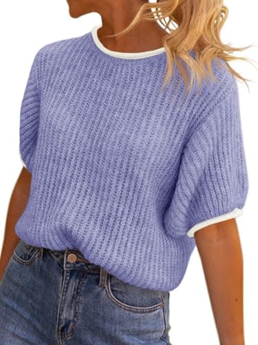 Saodimallsu Womens Puff Short Sleeve Sweater Tops Spring Summer Color Block Ribbed Knit Crew Neck Going Out Shirts Purple - Image 1