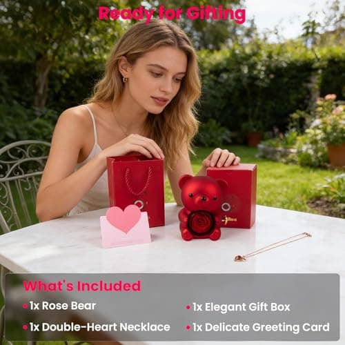 mountova Teddy Bear with Preserved Rose Flower in Bear with Necklace and Box for Women Romantic Bear Roses Gifts for Valentines Mothers Day Anniversary Day Birthday (Red) - Thumbnail 5