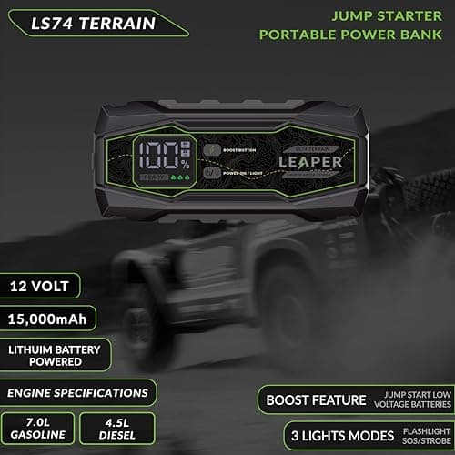 Leaper 12V Jump Starter, Black, 1500A Peak Current, 16000mAh Capacity, 2.3'' Digital Screen, Heavy Duty Black/red Clamps Protection Carrying Case Included - Thumbnail 2