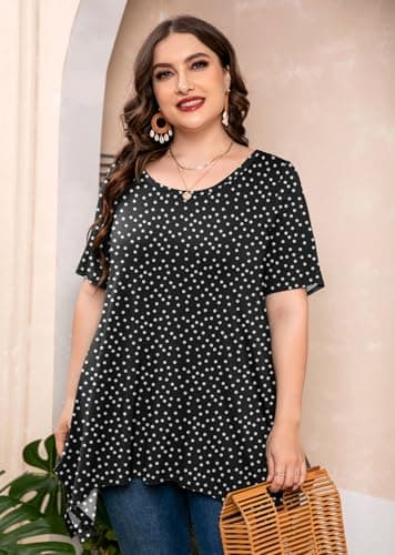 AusLook Plus Size Tops for Women Tunic Clothes Short Sleeve Polkadots Black Summer 1X Blouse Swing Tee Crewneck Clothing Flowy Shirts for Leggings - Thumbnail 3