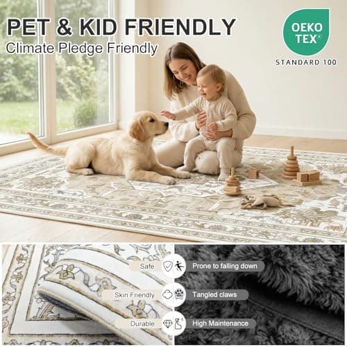 Cnythlis Extra Large Washable Area Rug Living Room Rug 9’x12’, Vintage Medallion Non Slip Water Resistant Faux Wool Carpet for Bedroom Dining Room Office, 0.26" Low Pile, Beige & Ivory - Thumbnail 5