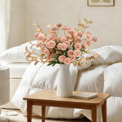 Luldesce Beige Faux Silk Pompon Mums Artificial Flowers - 12 Pcs Fake Kiku Flowers Bulk with Eucalyptus Leaves, Long Stems Chrysanthemums Ball Flower for DIY Centerpiece Party Spring Home Decor - Thumbnail 2