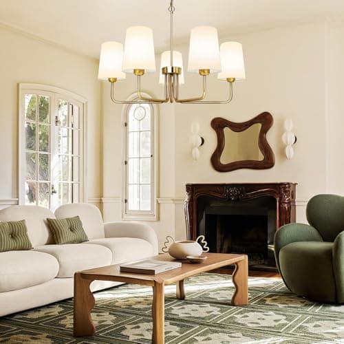 Tadpole Jump Farmhouse Chandelier 5 Lights Chandeliers for Dining Room with White Fabric Shade Rustic Gold Dining Room Light Fixture for Kitchen Bedroom Living Room - Thumbnail 2