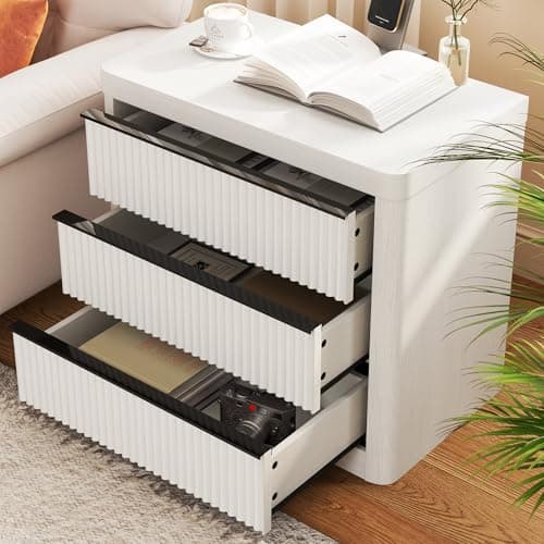 FUSUNBAO Fluted Night Stand with Charging Station,3 Drawers Large End Table with Storage,Natural Nightstand Wood Bedside Tables,Farmhouse Cabinet Dresser for Bedroom,Sofa Table(White Oak) - Thumbnail 5