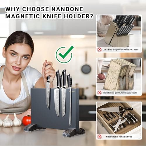 Nanbone Black Magnetic Knife Block Stand Without Knives Black Double Sided Magnetic Knife Holder Rack for Kitchen Counter Stainless Steel Knife Magnetic Strip Display Stand Storage Organizer - Thumbnail 4