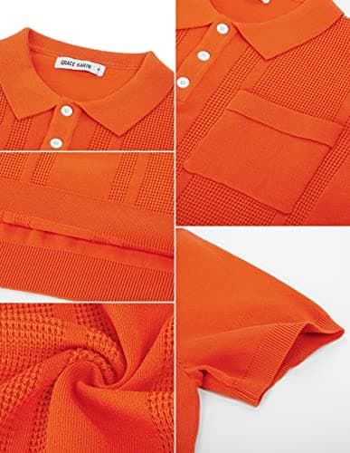 GRACE KARIN Men's Short Sleeve Lapel Collar Knitted Polo Shirts Knitting Lightweight Golf Tee Shirt for Office Orange S - Thumbnail 5
